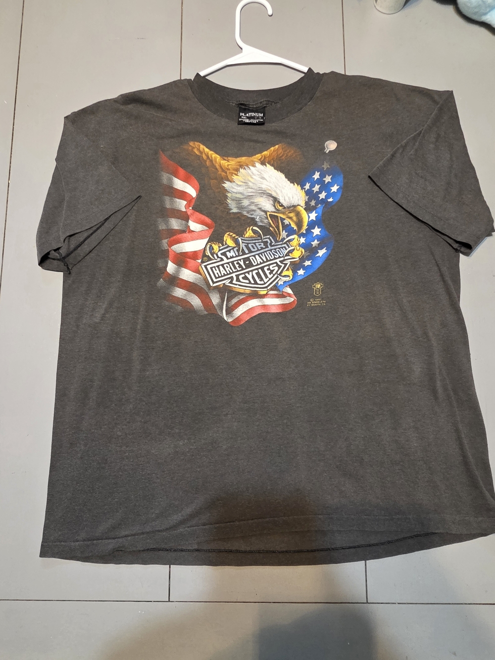 Vtg 1987 HARLEY DAVIDSON 3D Emblem Shirt XXL Eagle Flag Wallace Shreveport LA